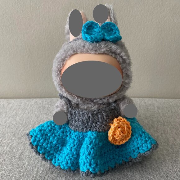 Handmade Crochet Blue Grey Orange Outfit for for 17cm Plush Doll 2-Piece Set - Picture 1 of 7